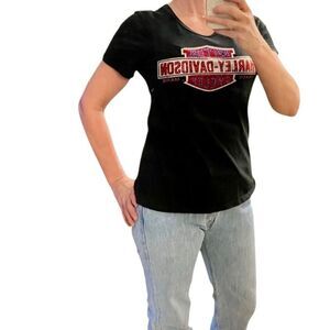 Y2K Harley Davidson Logo Biker Bejeweled Red Blue Casual Black Cap Sleeve Top XL